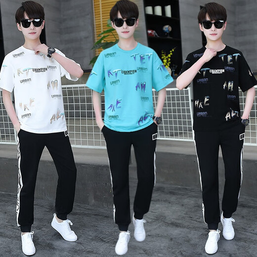 Ruibanglai Summer Teen Teen kurzärmelig T-Shirt Boy 13-15 Jahre alte Schüler der High School School Schüler Große Kinder Sommerkleidung hübsches Sport Set XSD-T9226 White Grey (Top + Pants) XL 115 bis 130jin [Jin gleich 0,5 kg]
