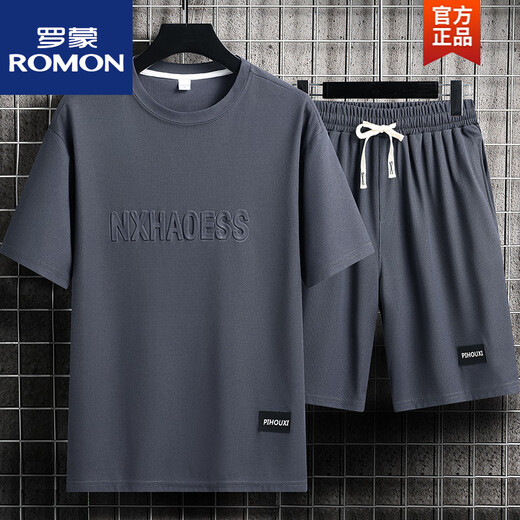 罗蒙（ROMON）冰丝套装男夏季休闲短袖t恤潮流透气两件套半袖青年跑步运动衣 套装TZ829黑色上衣裤子 2XL 建议145165斤