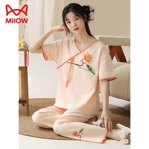 Catman (Miiow) Pajamas à manches courtes pour femmes Summer New Chinese Style mince Coton Home Clothers peut être porté à l'extérieur pour l'été décontracté Lzy9906 XL (recommandé 115-130jin [Jin est égal à 0,5 kg]))