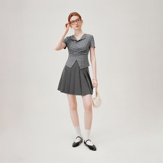 Fan Silan Bogen Revers gestricktes kurzärmeliges T-Shirt für Frauen Sommer grau süße schlankes heißes Mädchen Top 12529 Grau M.