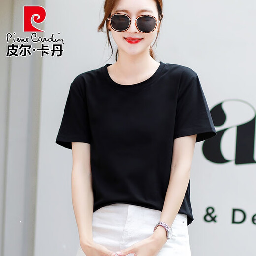 皮尔卡丹（pierre cardin）轻奢高端纯棉短袖t恤女夏装宽松休闲百搭纯色半袖体恤小衫上衣潮 6172浅紫 短袖 M (建议80-105斤)