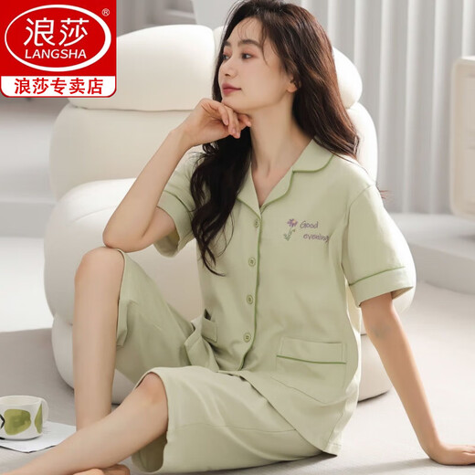 Langsha (langsha) 100% pure cotton pajamas for women in summer short-sleeved cropped pants large-size cardigan for middle-aged and young ladies suits for outdoor wear home clothes n9896 short-sleeved cropped pants cardigan 3XL (160-180Jin [Jin equals 0.5 kg])