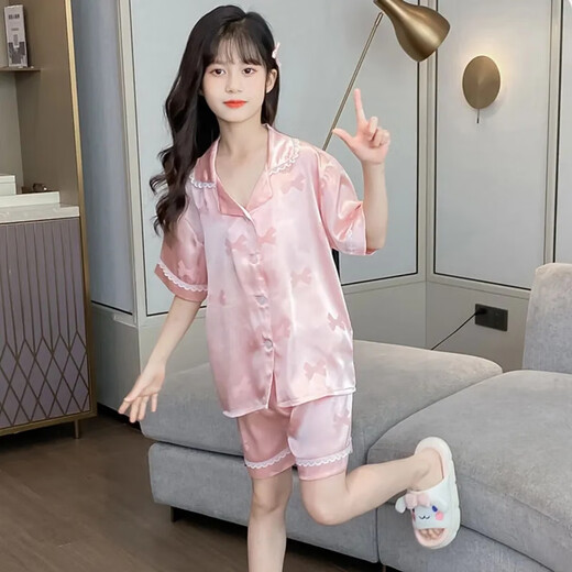 莫代尔女童冰丝睡衣夏季2024新款儿童短袖家居服女孩中大童空调服两件套 854 粉色 短袖翻领蝴蝶结九分 130 cm 建议身高120-130cm6-7岁