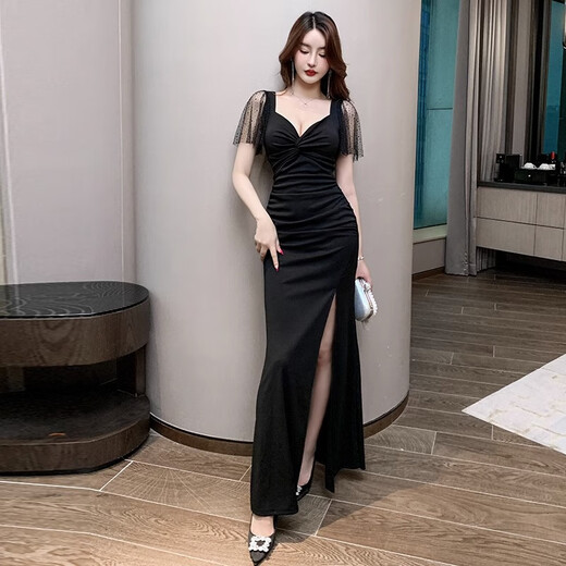 夜场性感连衣裙纯欲风夜总店黑色开叉长裙晚礼服女2023新款高级感 3883黑色 S建议80-95斤 均码