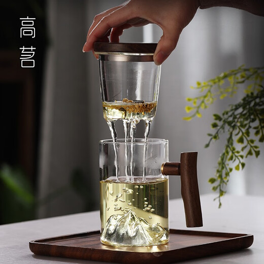 个人专用泡茶杯茶水分离男士带把喝茶水杯玻璃日式观山茶道杯子 9194鸿崖三件杯榉木450ML 200mL(含)-400mL(含)