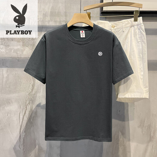 Playboy (PLAYBOY) 200g heavyweight American cotton short-sleeved T-shirt summer couple printed loose bottoming shirt t men's and women's top khaki cotton short-sleeved-1365 XL