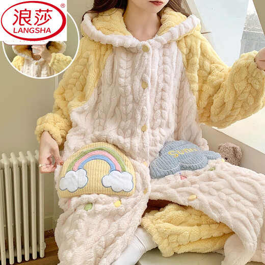 浪莎（LangSha）2025新款女士睡衣秋冬季珊瑚绒加绒加厚长款睡袍冬天法兰绒家居服 9196-【绒袍+绒裤】 L 建议体重100-120斤