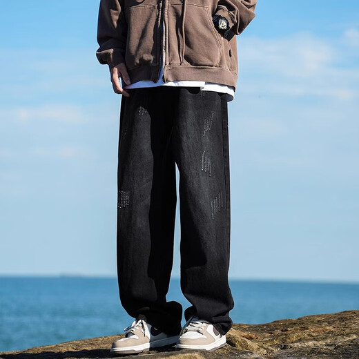 MiiOW Jeans Men's Velvet Thickened American Pants Men's Autumn 2025 New Straight Wide Leg Casual Long Pants Men's Pants Retro Blue XL 32-33 Sizes