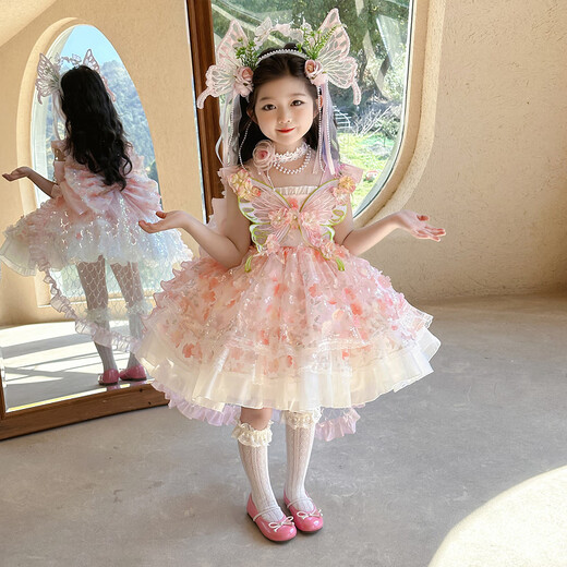 Ant-Patio Girl Princess Lolita Robe 2025 Nouveau d'été Children's Flower Fairy Dress Girl's Birthday Robe Pink (6630 Flower Fairy Robe + Jirt Support) 120 Recommandé 5-6 ans (hauteur environ 115)