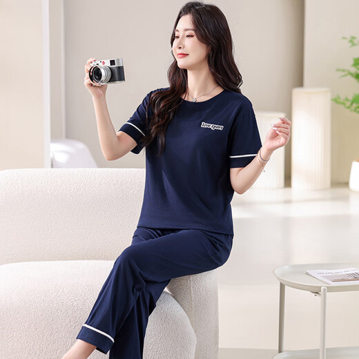 Pyjamas de Langsha pour femmes pour un coton pur pur pur manche mince 2025 Nouveau coton décontracté d'été peut être porté à l'extérieur du pantalon des vêtements à la maison 7374 Green L 100-120Jin [Jin est égal à 0,5 kg]