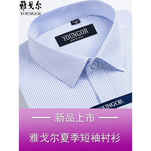 雅戈尓男士短袖衬衫夏季商务休闲职业正装棉免烫中年大码条纹衬衣 DX6623 38