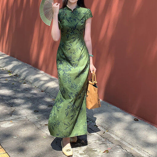 Yudingfu cheongsam Chinese style summer new Chinese style women's dress waist mid-length engagement toast dress mom green bottom printed half-sleeved cheongsam M 100-110Jin Jin is equal to 0.5 kg