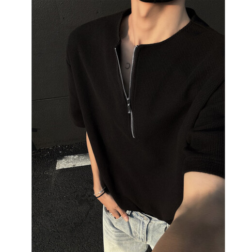 Kurz amerikanische Halbzipper Kurzärärmelte T-Shirt Herren 25 Sommer New High Street Trend Marke Waffle T-Shirt Lose halbärmeligste Top White XL (125-145jin [Jin ist gleich 0,5 kg])