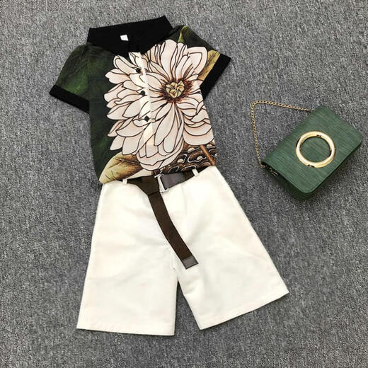 Zhidoudou Top de gasa para mujeres de verano con pantalones cortos de dos piezas de patas de patas de pierna ancha + 6050 pantalones negros + cinturón S