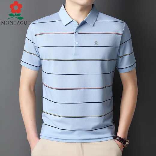 Mengtejiao summer mulberry silk short-sleeved T-shirt men's middle-aged daddy's suit striped lapel half-sleeved Polo shirt 723 Baolan average size 165/m suggests 100-115Jin [Jin equals 0.5 kg]