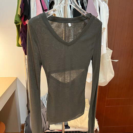 BYUSDF été creux crème solaire T-shirt à manches longues pour les femmes début de l'automne nouveau col en V mince dos qui fuit mince bas petit haut ins 7371 Gris S