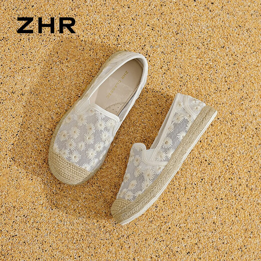 ZHR布鞋女夏透气网纱软平底渔夫鞋女百搭一脚蹬单鞋女 W119 米色 38