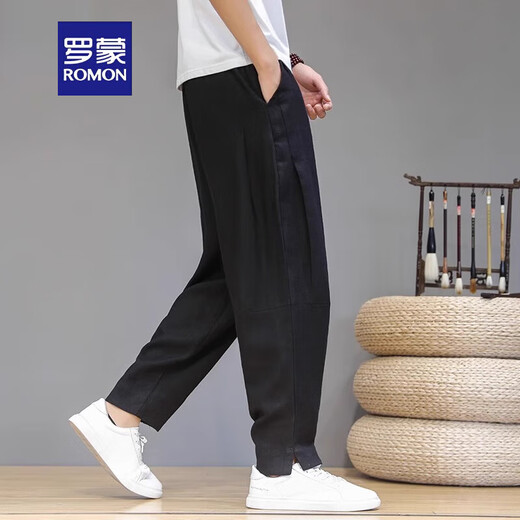 ROMON 2025 Pantalones casuales de lino para hombres sueltos Pantalones de nueve puntos de nueve puntos Pantalones de primavera y otoño Nuevos pantalones largos delgados para hombres K36 M White M Recomendado [90-110Jin [Jin iguala 0.5 kg]]]