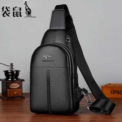 袋鼠真皮质感男士胸包运动斜挎包男包夏季小包男包背包休闲大容量腰包 黑色7029[升级新款]
