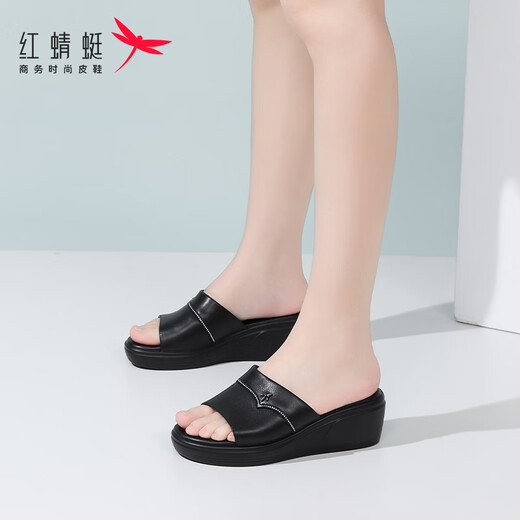 红蜻蜓拖鞋女厚底夏季真皮一字拖家居厚底增高水钻外穿皮拖鞋妈妈凉拖鞋 黑色（跟高6cm） 35