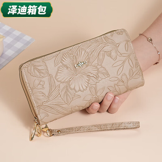 Yunluo Fashion Long Large Capacity Clutch Women's Retro Flower Double Zipper for Mom Portable Wallet Coin Purse Khaki Material