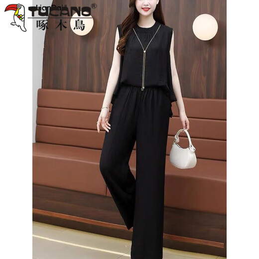 Woodpecker (TUCANO) European fashion cool ice silk sleeveless suit for women 2025 summer new loose slimming and slimming meat and fashionable two-piece set apricot color set (high-quality heavy cotton) XL 120-135Jin [Jin equals 0.5 kg]
