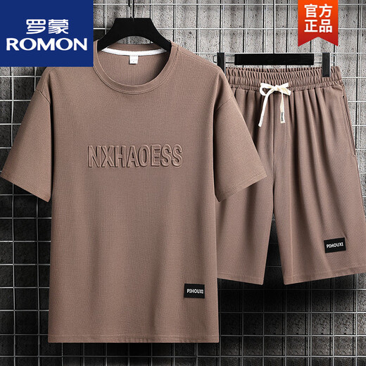 罗蒙（ROMON）冰丝套装男夏季休闲短袖t恤潮流透气两件套半袖青年跑步运动衣 套装TZ829黑色上衣裤子 2XL 建议145165斤