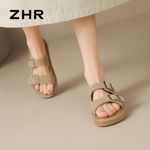 ZHR Birkenstock Zapatillas Sandalias Planas De Suela Blanda De Verano para Mujer Ropa De Abrigo Informal Zapatos De Mujer JF158 Caqui 37