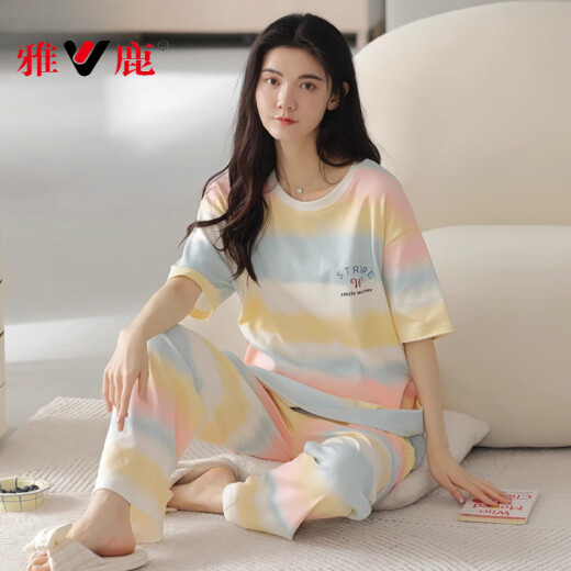 雅鹿睡衣女夏季纯棉短袖长裤2025新款夏天女款网红风家居服套装 -9715 M 【建议80-100斤穿】