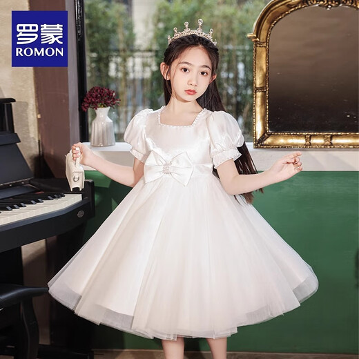 罗蒙毕业演出主持人礼服女童毕业白色公主裙生日花童钢琴 白色130