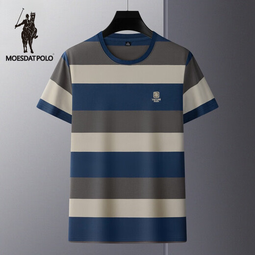 Larren Paul Knight Men's Round Neck T-shirt Short Sleeve Stripe Color Block Summer High-end Top Business Casual Loose Large Size Trendy Brand a 6197-Denim Blue M 48