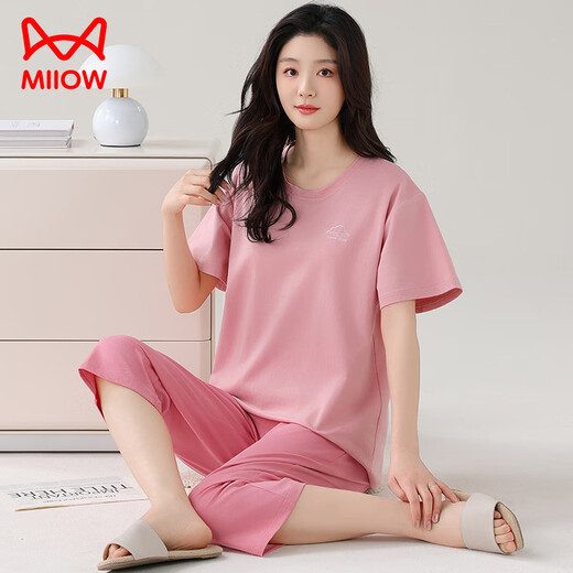 猫人（MiiOW）莫代尔睡衣女夏加肥加大码短袖七分裤夏天薄款宽松套头家居服套装 XP-7027 M