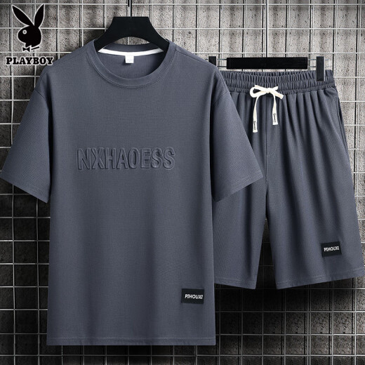 Playboy Men's Summer Suit Teen Short Sleeve T-shirt Thin Ice Silk Two-Piece Set Casual Sportswear Five-point Short Pants Set-TZ829 Military Green [Top + Pants] M Recommended 90-110Jin [Jin equals 0.5 kg]