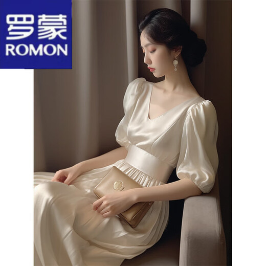 罗蒙（ROMON）白色缎面连衣裙女装夏季新款法式气质名媛高端女神范泡泡袖长裙子 白色连衣裙 M