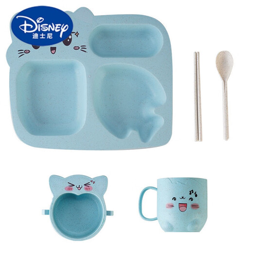 迪士尼（Disney）卡通小麦秸秆儿童餐具五件套儿童学生分格餐盘家用吃饭勺筷套装 粉色【餐盘】