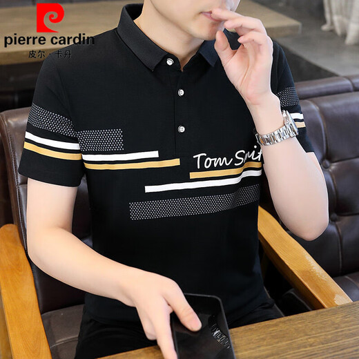 Pierre Cardin Lapa para hombres Camiseta de manga corta Algodón puro 2025 Summer NUEVO PAPO DAD MEDIA Y POLO SLIM POLO CAMISA Rayas K12129 Caki + K12129 Azul M