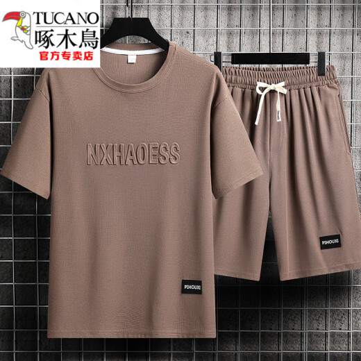 啄木鸟（TUCANO）男士夏季套装青少年短袖t恤薄款冰丝两件套休闲运动服五分短裤子 套装-TZ829军绿【上衣+裤子】 M 建议90-110斤