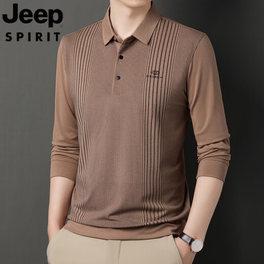 JEEP SPIRIT吉普春秋装条纹印花爸爸长袖T恤男棉翻领大码上衣中年男纯棉打底 826灰色 2XL 180/120(160-180斤)