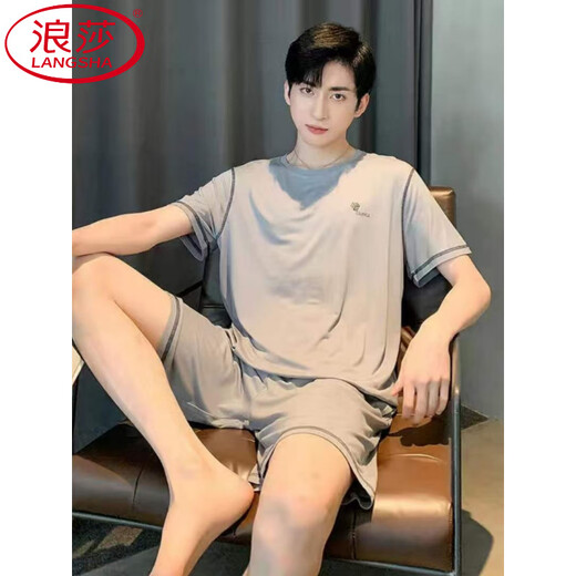 浪莎（LangSha）男士睡衣夏季短袖莫代尔冰丝薄款加大码休闲简约夏天男家居服套装 9721莫代尔 2XL 160-180斤
