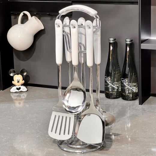 Spátula de la cocina Yusenyi Cucharara juego completo de cuchara de sopa doméstica Cosla de arroz de arroz salteando spátula antiadherente antiadherente utensilio de cocina engrosado conjunto de siete piezas de espátula de acero inoxidable juego completo de 854 piezas de 854