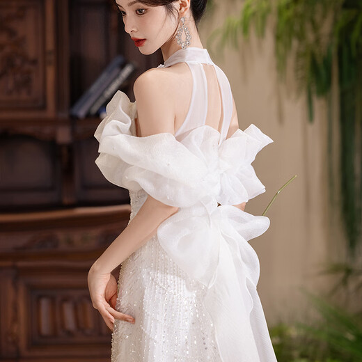 Wutuo white halterneck slim-fitting evening dress French bridal wedding toast clothing light luxury niche birthday party performance clothing with white ceremony (52412) L