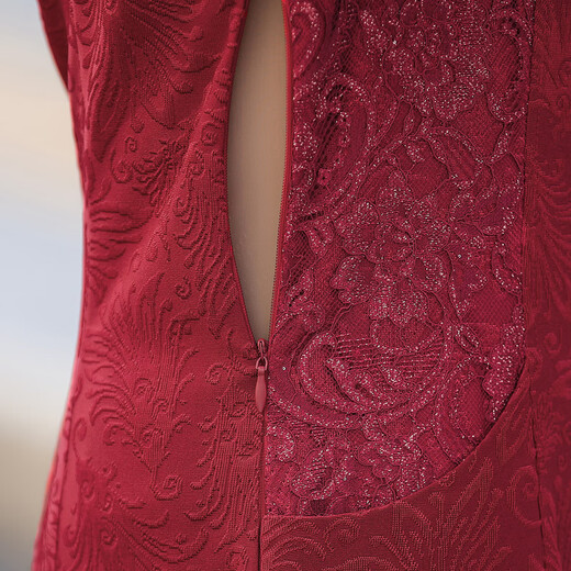Fuxi May Day wedding wedding mother-in-law wedding dress mother over knee long skirt noble wedding dress middle-aged and elderly women improved cheongsam 1585-9332 Summer short-sleeved wine red XL Recommended 90-110Jin [Jin equals 0.5 kg]