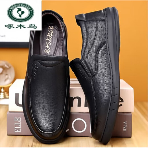 Pájaro carpintero [Top Capeta Cow Whide] Capases de cuero casual para hombres Negocios de cuero genuino de mediana edad y ancianos zapatos de papá para zapatos de trabajo SOLO SOLO LIP L6628 NEGRO 42