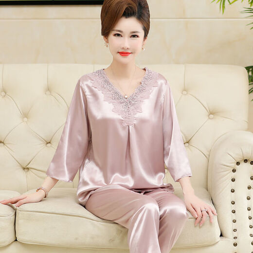 莫代尔春夏季中年妈妈睡衣女秋冰丝可外穿婆婆丝.绸薄款中老年人两件套 ARM684银 3XL 建议【140-165斤】