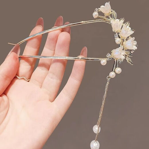 Jieyi super fairy lily of the valley pearl tassel U-shaped hairpin women's new Chinese style hairpin hairpin ancient style cheongsam accessories 1 white lily of the valley tassel U-shaped hairpin 13cm