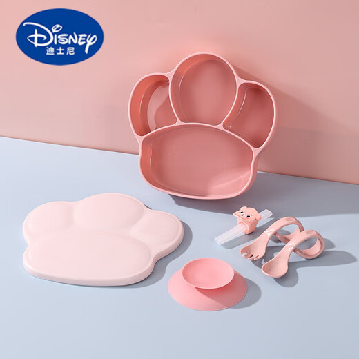 迪士尼（Disney）宝宝吃饭餐具全套婴儿餐盘吸盘式食品级儿童餐盘勺叉吸管吸盘 乐康可爱猫爪餐盘-蓝色 带防尘盖