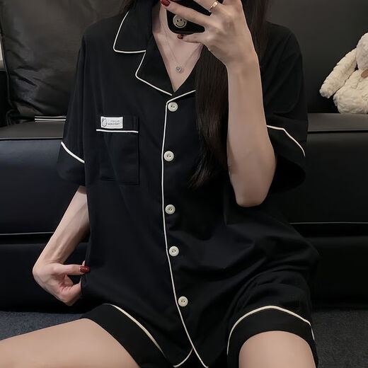 雅鹿韩版简约纯色纯棉睡衣女短袖短裤夏季两件套宿舍家居服套装 9903#黑色 M 80-100斤