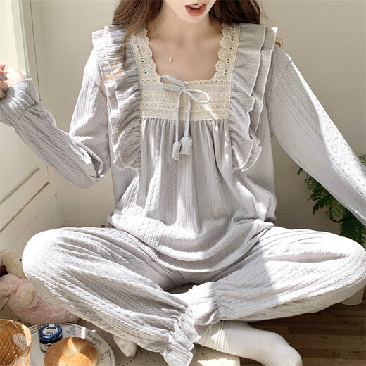 Gemas coloridas Pajamas de algodón Jacquard Pantalones de manga larga para mujeres ropa para el hogar dulce encaje retro princesa estilo kyx-x9904# rosa 180 xl