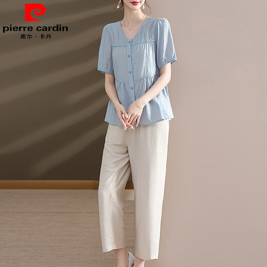 
Pier Cardin gives mother summer suit 2025 new suit fashionable middle-aged and elderly women's summer short-sleeved shirt and fashionable wide-leg pants two pieces 9435 light green suit L [Suggested 90-105Jin [Jin equals 0.5 kg]]