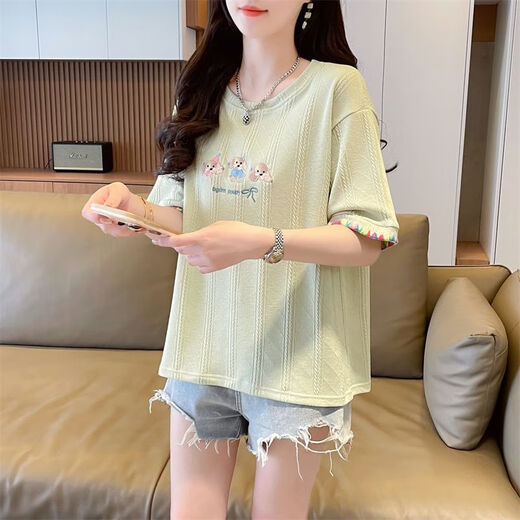 AEMAPE夏装女装刺绣白色短袖T恤女2025新款夏季小个子上衣夏天衣服 KM9277-杏色 L 建议110-125斤